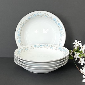 5 Rim Soup Bowls Caroline by Lovely Fine China Blue Roses 7 5/8&quot; wide