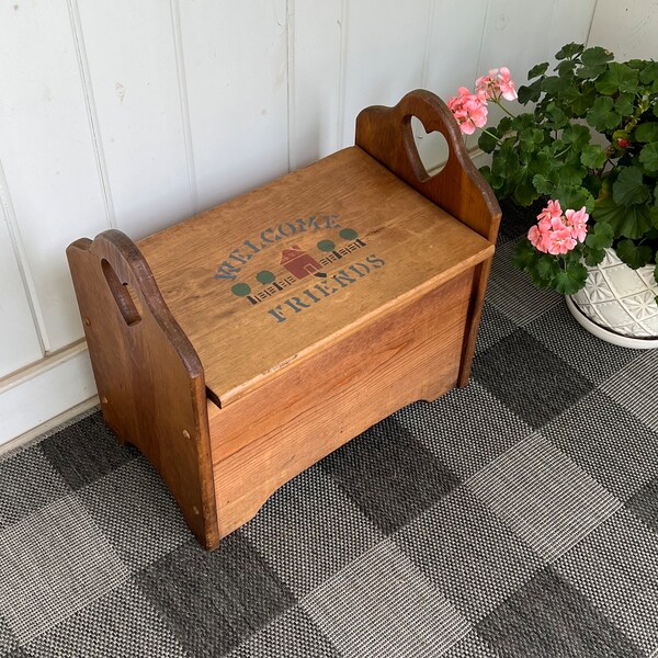 Wooden Box with Lid Step Stool with Storage Pine Book Box Bench Seat Cutout Hearts 17 1/2"w x 11 1/4"d x 12 1/4"t Let's Be Friends