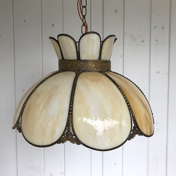 Vintage Style Bent Amber Glass Hanging Light Fixture Bronze Tulip Ceiling Chandelier Ball Globe Original Wiring Restaurant Lighting