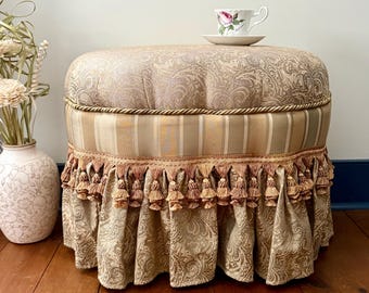 Vintage Oval Vanity Stool, Gold Damask Upholstered Ottoman with Tassel Fringe and Skirt - Skirted Bench Footstool