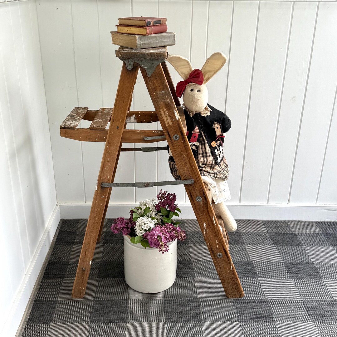 Vintage Step Ladder Three Step Wooden Folding Plant Stand Rustic Ladder ...
