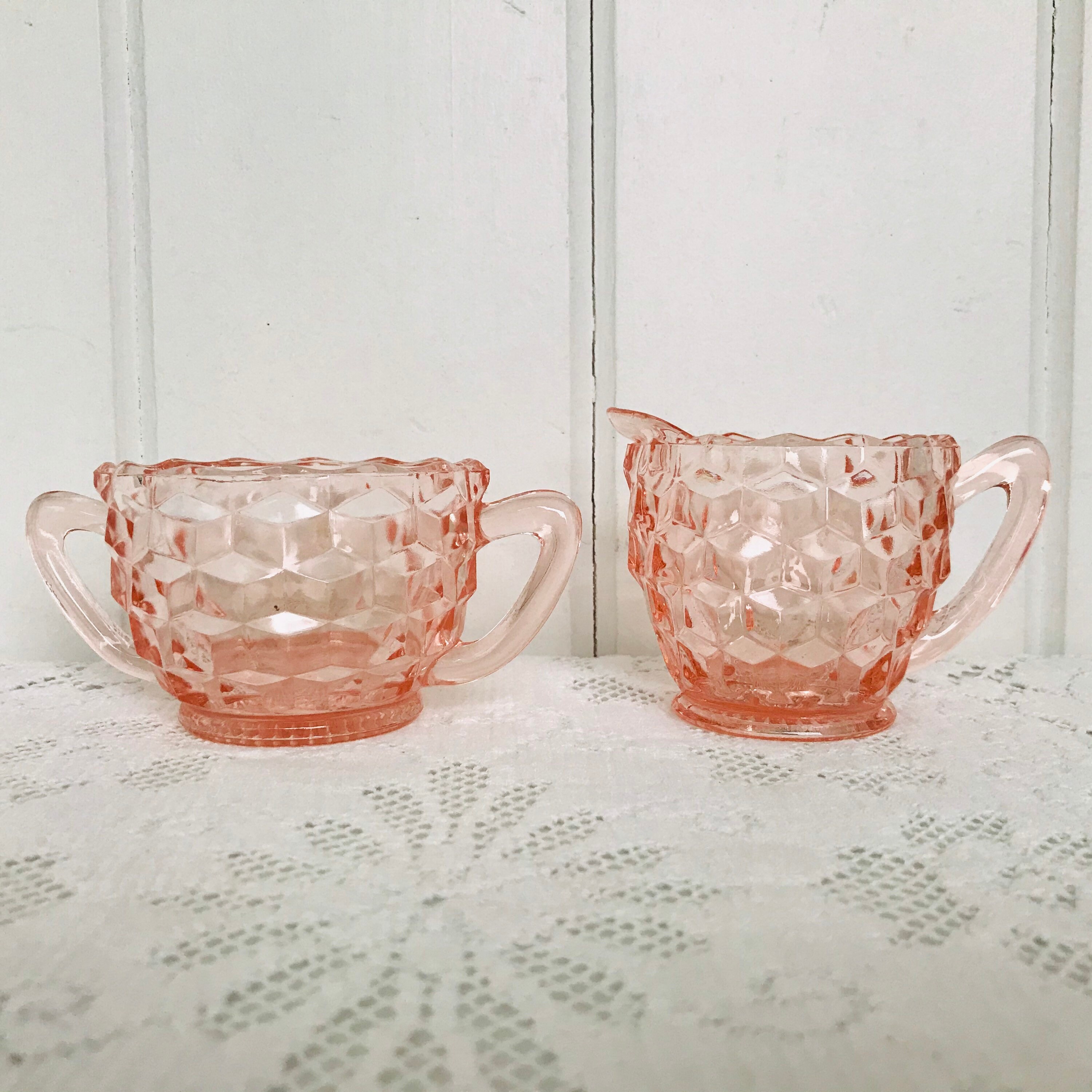 Pink Diamond Patterned Depression Glass Sugar and Creamer | Etsy