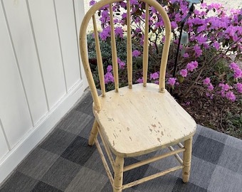 Short Yellow Painted Chair - Chippy Paint Wooden Kitchen Windsor Spindle Bow Back Plank Bottom Farmhouse Rustic Primitive Country Kitchen