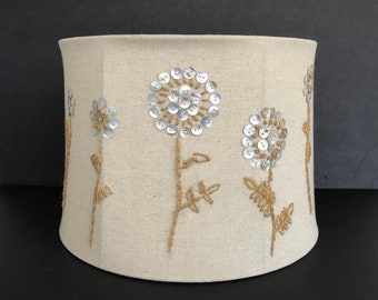 Drum Barrel Lamp Shade Tan 9 1/4"t x 14"w Flowers w Buttons & Jute Cloth Lining