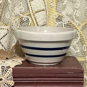Mixing Bowl R.R.P. Co. USA Ransbottom Pottery Company Stoneware 8&quot; Wide x 4 5/8&quot; High, Blue Band Bowl, Roseville, Ohio Baking Serving