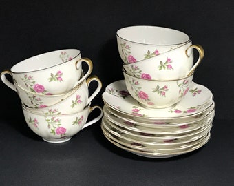 7 Cup and Saucers Delaware (New York) by Haviland Theodore Haviland Made in America DELAWARE Pink and Green Roses with Gold Trim