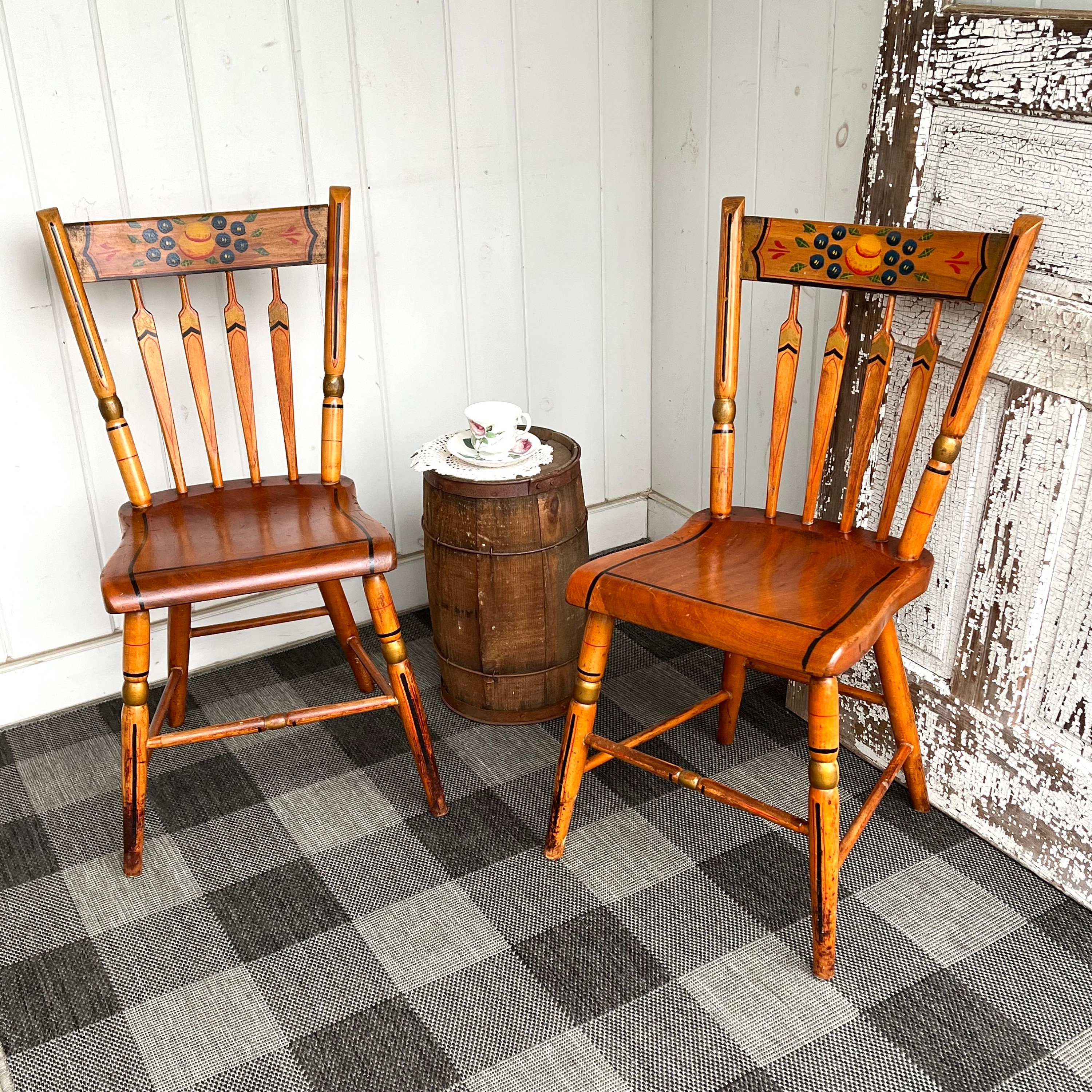 Antique Tole Painted Wooden Spindle Thumb Back Side Chairs Hand