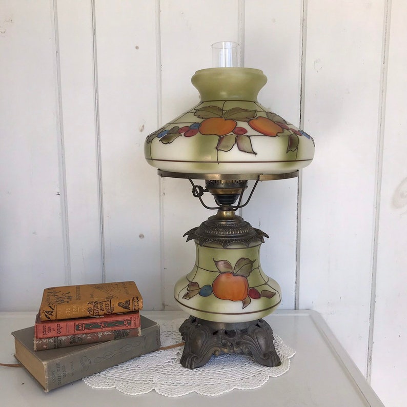 Gwtw Hurricane Parlor Table Lamp With Night Light 3 Way Green Orange Red Blue Fruit Antique Brass Hardware Hand Painted Gone The Wind