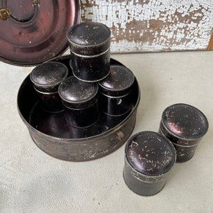 Round Metal Pantry Spice Containers or Storage Boxes Cookie Tin & 7 Small Tins Craft Storage Rustic Gray