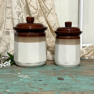 Puede incluir: Dos botes de cerámica con tapas. Los botes son marrones, beige y blancos. Las tapas son de color marrón oscuro. Los botes son de diferentes tamaños y están sobre una superficie turquesa desgastada.