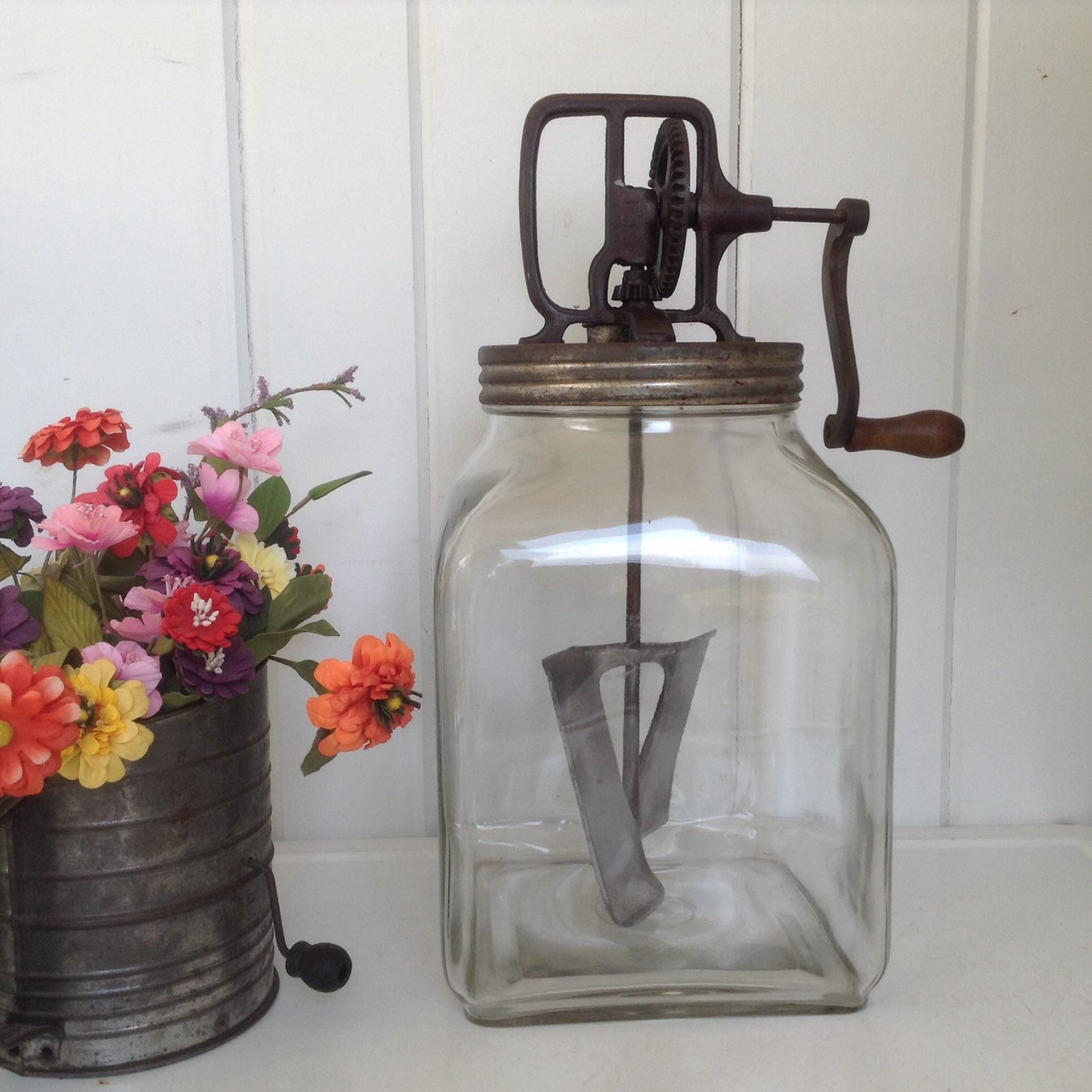 Antique 8 QT. Glass Butter Churn w/ Metal Paddle Country Decor Etsy