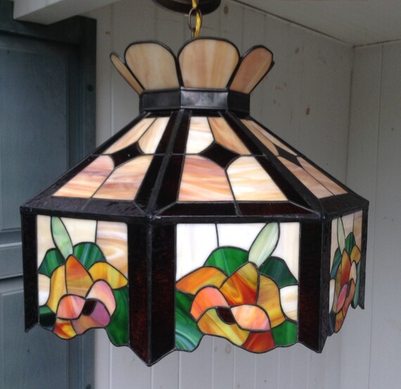 Tiffany Style Stained Glass Hanging Light Fixture 20 X 15 Orange Gold Rust And Green Fl Flowers Ceiling Chandelier