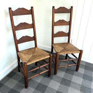 Antique Pair of French Provincial Ladder Back Chairs with Rush Seats Rock Solid & Heavy