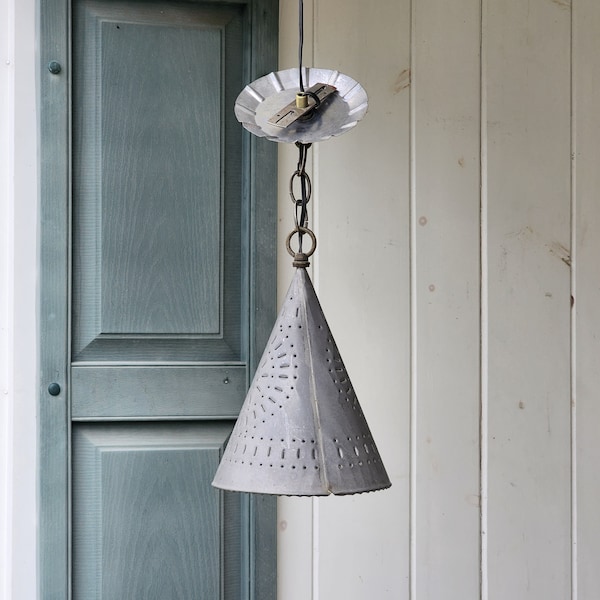 Vintage Punched Tin Hanging Light Fixture ~ Gray Ceiling Chandelier ~ Conical 7 1/2" Wide x 11” Tall Country Decor