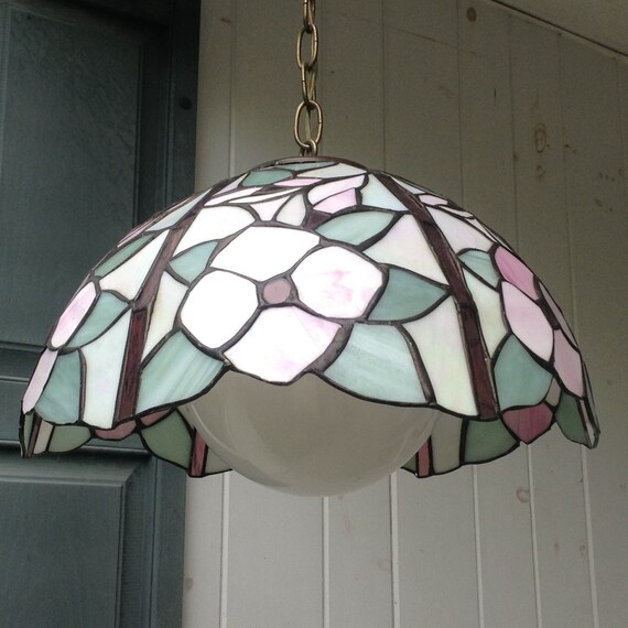 Tiffany Style Stained Glass Hanging Light Fixture W Glass Reflections Tag Pink Blue And Yellow Flowers Ceiling Chandelier 16 Wide X 9 High