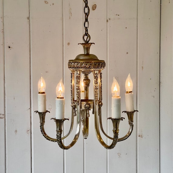 Hanging Silver Plated Chandelier 5 Light Wax Candle Sleeves