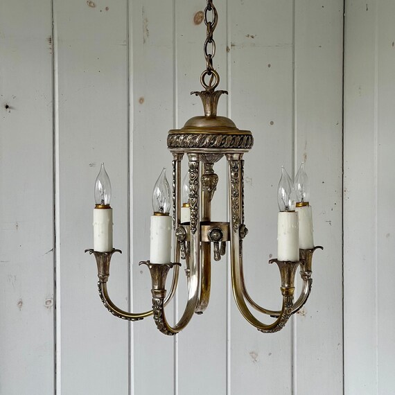 Hanging Silver Plated Chandelier 5 Light Wax Candle Sleeves