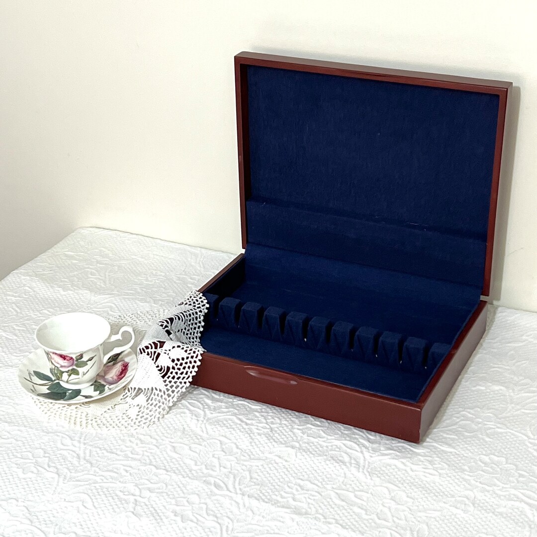 Flatware Chest Silverware Storage Box Redish Brown With Dark Blue