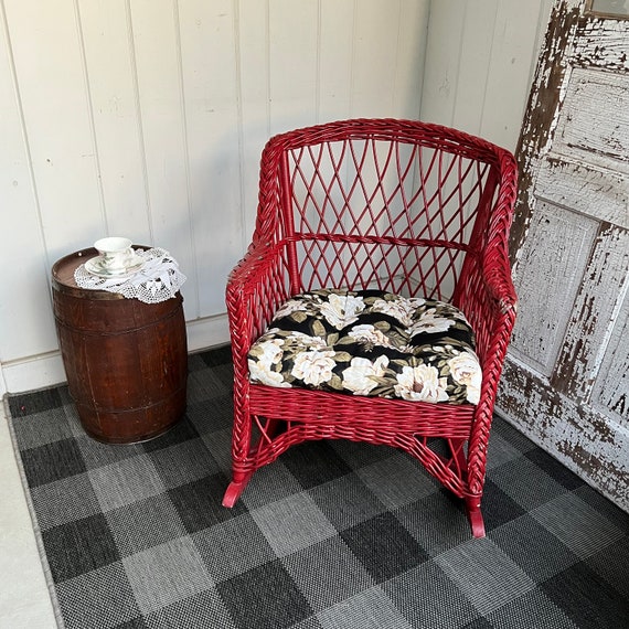 Petite Antique Red Wicker Rocker With Latice Work and Old Spring