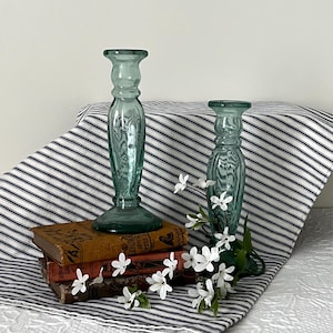 Vintage Green Glass Candlestick Holders - Pair of Etched Candle Holders, Elegant Table Decor Pier One Spanish Green Recycled Glass
