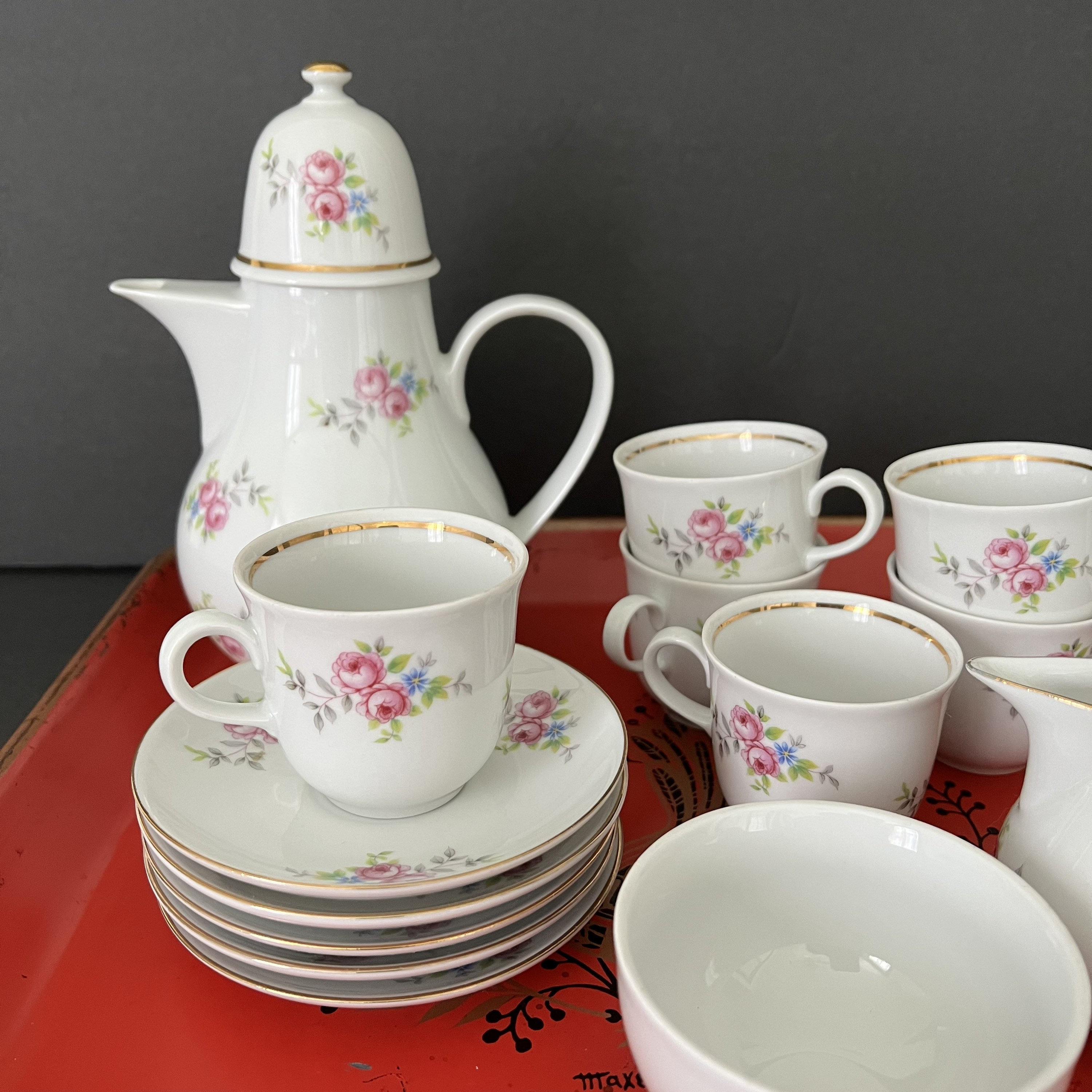 Vintage Tea Set Pink Roses, Green, Gray Leaves W/ Gold Trim by