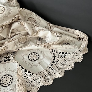 Lace Tablecloth 65&quot; x 120&quot; Vintage Light Beige Crocheted & Cotton Fabric Table Cover Entertain Holiday Party
