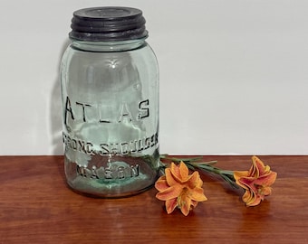 Vintage Atlas Strong Shoulder Mason Jar Zinc Lid with Porcelain Glass Liner 6 7/8" tall x 3 7/8" wide