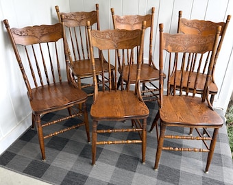 6 Vintage Oak Pressed Back Dinning Chairs Victorian High-Backed Chairs