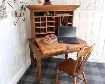 Antique Plantation Desk Writing Table w Two Dovetailed Drawers 40&quot;w x 26 3/8&quot;d x 53 1/4&quot;t Mixed Woods Primitive Drop Front Secretary Desk