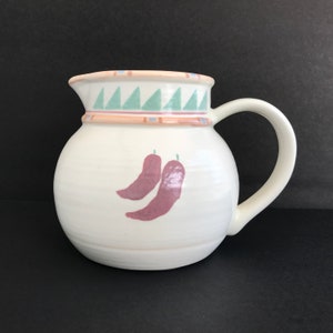 48 oz TAOS Pitcher by Treasure Craft USA Chili Pepper Design Southwest Decor Pueblo Style 1980s Blue/Green Peach 5 5/8&quot; High Vintage