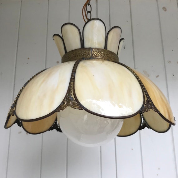 Vintage Tiffany Style Bent Amber Glass Hanging Light Fixture Image 0