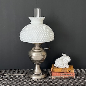 Vintage Electrified Hobnail Oil Lamp – Antique Kerosene Lamp with White Glass Student Shade (18 in tall not including chimney)