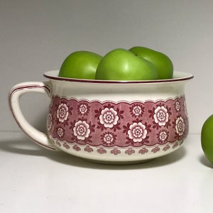 Pode incluir: Uma tigela de cerâmica branca com um padrão floral rosa e uma borda festonada. A tigela está cheia de maçãs verdes.