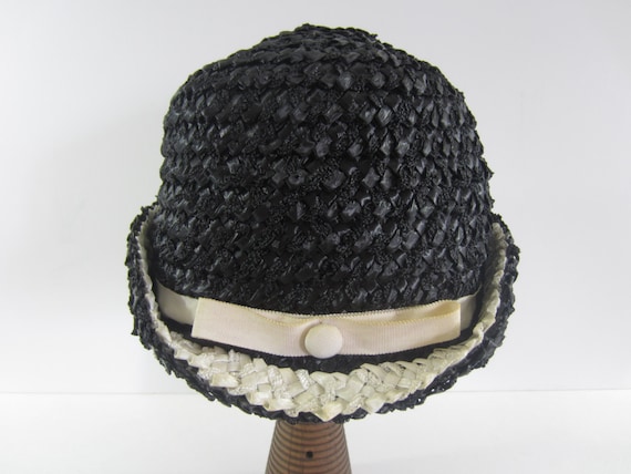 Lovely Vintage Betmar Black and Cream Straw Hat w… - image 1