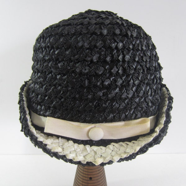 Lovely Vintage Betmar Black and Cream Straw Hat with a Bow and Botton...  Raffia Hat... Grosgrain Ribbon