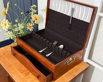 Vintage Wooden Silverware Chest, Flatware Storage Box with Drawer, Brass Handles, Brown Fabric Interior 16 3/4 x 11 1/4 x 6 1/4"