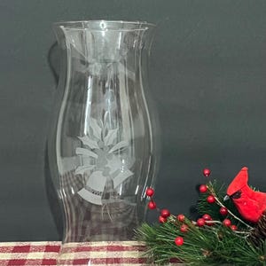 11 1/2&quot; Hurricane Shade Etched Bells and Holly Clear Glass Hurricane Center Piece Candle Holder / Cover Chimney Shade 4 3/4&quot; opening