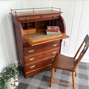 希少！antique deskcounter デスクカウンター 1891 Antique Cylinder Roll Top Desk 4 Drawers & Inside