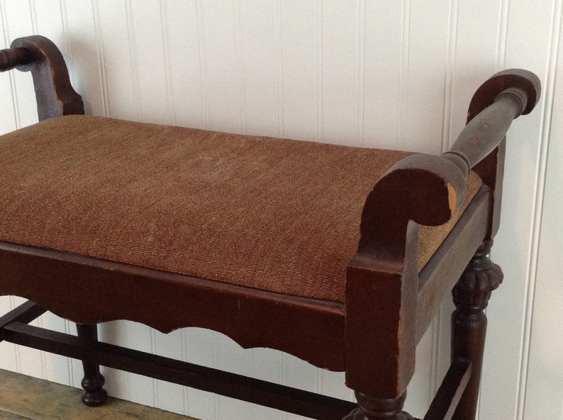 Vintage Vanity Bench / Brown Fabric Seat / Vanity Stool Etsy