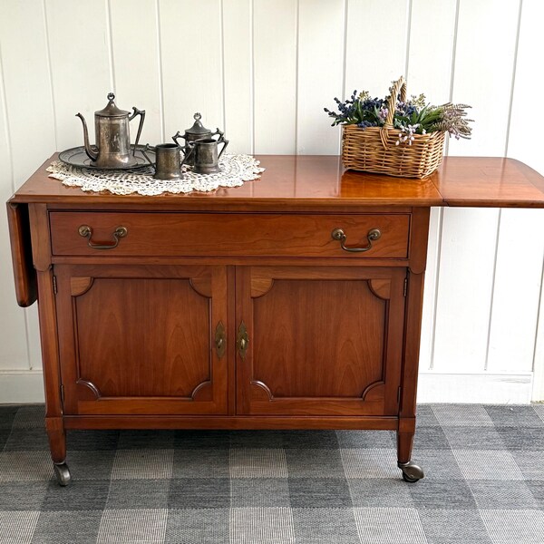 Vintage Sideboard Buffet China Cabinet 1 Upper Drawer & flip up leaves by Century Furniture on Wheels 42 x 18 x 31 1/2 tall