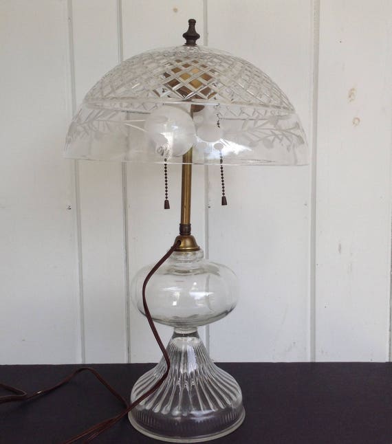 Vintage Electrified Clear Oil Lamp With Cut Glass Bowl Shade Vintage Electrified Clear Oil Lamp With, Vintage Glass Bowl Lamp Shade