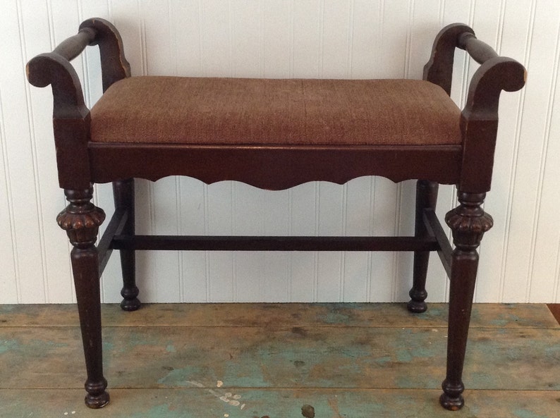 Vintage Vanity Bench / Brown Fabric Seat / Vanity Stool | Etsy