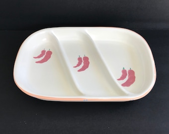 3-Part Relish Serving Dish TAOS by Treasure Craft Peach Southwest Decor Pueblo Style 1980s Chili Pepper Design 13" x 9" USA Vintage