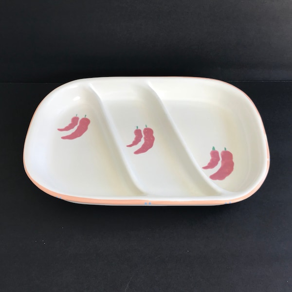 3-Part Relish Serving Dish TAOS by Treasure Craft Peach Southwest Decor Pueblo Style 1980s Chili Pepper Design 13" x 9" USA Vintage