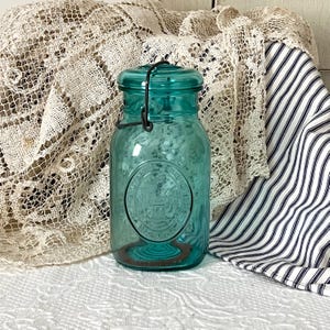 Vintage Quart Blue/Green Canning Jar &quot;Ball Ideal Bicentennial Celebration 1776 - 1976&quot; Glass Lid w Bail Wire Closure Clip