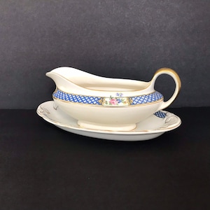 Gravy Bowl and Under Plate Mismatched Blue and Pink Roses Vintage Holiday Table