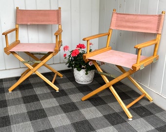 2 Directors Chairs Boat Dock Deck "Telescope Casual Furniture" Folding Blond Wood and Pinkish Canvas Seat & Back ~ Foldable ~ Not Perfect