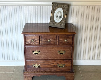 Vintage Pennsylvania House Dark Oak Nightstand, Small 3 Drawer Chest, Chippendale Brasses 22" wide x 14" deep x 22 1/2" tall