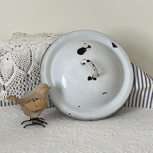 Vintage White and Black Enamelware Pot Lid 11 1/2&quot; Not Perfect