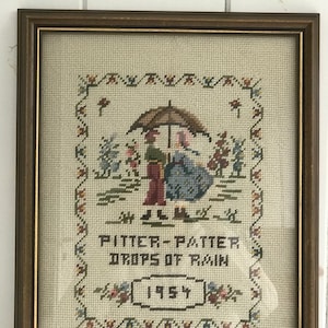 Framed Needlepoint Pitter Patter Drops of Rain Dated 1954 Vintage Country Decor Boy and Girl with Umbrella